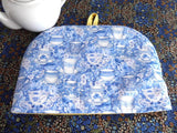 Tea Cozy Padded With Cross Stitch Teacups Blue White Yellow Artisan Made USA