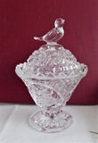 Lead Crystal Dish Bird Top Lid Jam Dish Waffle Pattern 1970s Faceted Glass Trinket Dish