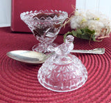 Lead Crystal Dish Bird Top Lid Jam Dish Waffle Pattern 1970s Faceted Glass Trinket Dish