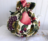 Fruit Tea Cozy Padded Green Cord And lining USA Handmade Berries Grapes Apples