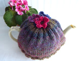 Hand Knit Tea Cozy Applied Flowers Cosy Knitted Brown Green Variegated Medium Stretchy