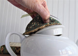 Lid Knob Holder Green Chintz Teapot Lid Holder Padded Tan Checks Inside