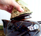 Tan Olive Green Lid Knob Holder Teapot Lid Holder Padded Green Chintz Inside