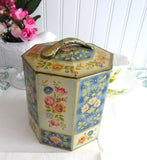 Panelled Floral Tea Caddy Tea Tin Octagonal 1950s Blue Yellow Green Canister