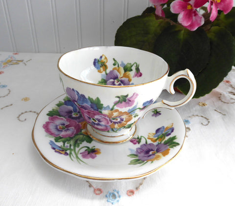 Pansies Queen Anne English Cup And Saucer 1950s Pink Blue Lavender Spring Melody