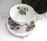 Pansies Queen Anne English Cup And Saucer 1950s Pink Blue Lavender Spring Melody