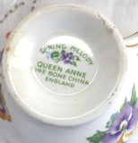 Pansies Queen Anne English Cup And Saucer 1950s Pink Blue Lavender Spring Melody