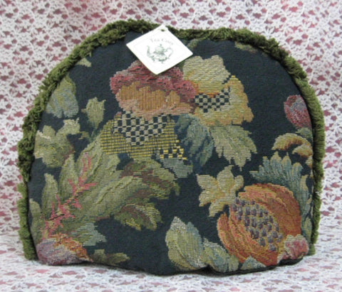 Tapestry Tea Cozy Navy Blue Padded US Jacobean Floral Green Fringe Cosy - Antiques And Teacups - 1