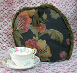 Tapestry Tea Cozy Navy Blue Padded US Jacobean Floral Green Fringe Cosy - Antiques And Teacups - 2