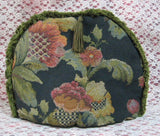 Tapestry Tea Cozy Navy Blue Padded US Jacobean Floral Green Fringe Cosy - Antiques And Teacups - 4