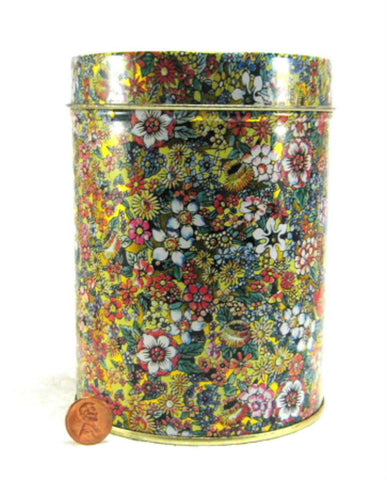 Floral Chintz Tea Caddy Tea Tin Cylinder Made In Italy 1980s Metallic Gold - Antiques And Teacups - 1