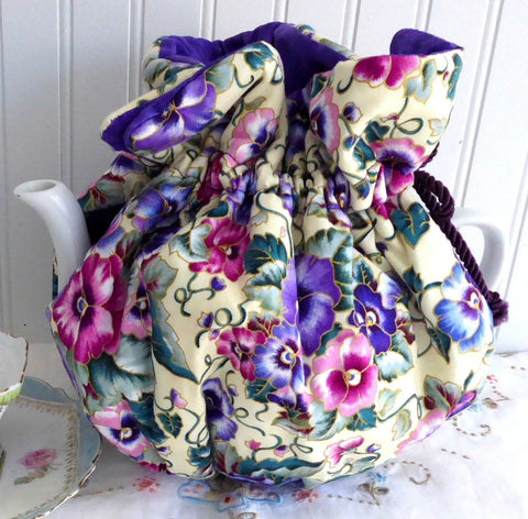 Pansies Tea Cozy Padded Pink Blue Lavender Gold Purple lining USA Handmade