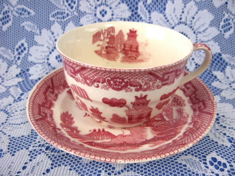 Cup And Saucer Willow Red Transferware England Ridgway Old Willow 1890s - Antiques And Teacups - 1