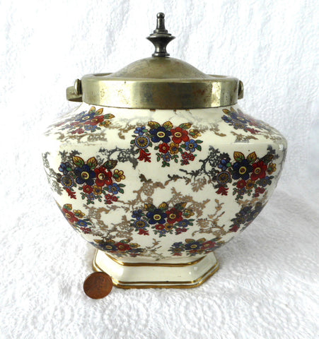 Vintage English Chintz Biscuit Barrel 1930s Cookie Jar Floral Lancaster EPNS - Antiques And Teacups - 1