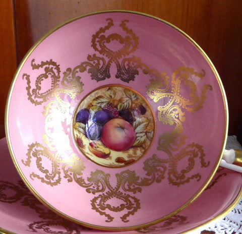 Ornate Cup And Saucer Aynsley Pink Gold Overlay Fruit Center 1950s Bone China - Antiques And Teacups - 1