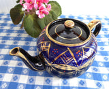 Fancy Cobalt Blue Teapot Brown Betty Large 8 Cup 1930s Hand Painted Coralene Gold - Antiques And Teacups - 1