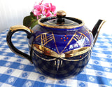 Fancy Cobalt Blue Teapot Brown Betty Large 8 Cup 1930s Hand Painted Coralene Gold - Antiques And Teacups - 2
