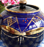 Fancy Cobalt Blue Teapot Brown Betty Large 8 Cup 1930s Hand Painted Coralene Gold - Antiques And Teacups - 3