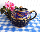 Fancy Cobalt Blue Teapot Brown Betty Large 8 Cup 1930s Hand Painted Coralene Gold - Antiques And Teacups - 4