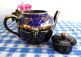 Fancy Cobalt Blue Teapot Brown Betty Large 8 Cup 1930s Hand Painted Coralene Gold - Antiques And Teacups - 5