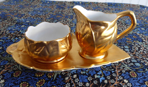 Royal Winton Gold Luster Cream And Sugar With Matching Tray 1950s Leaves - Antiques And Teacups - 1
