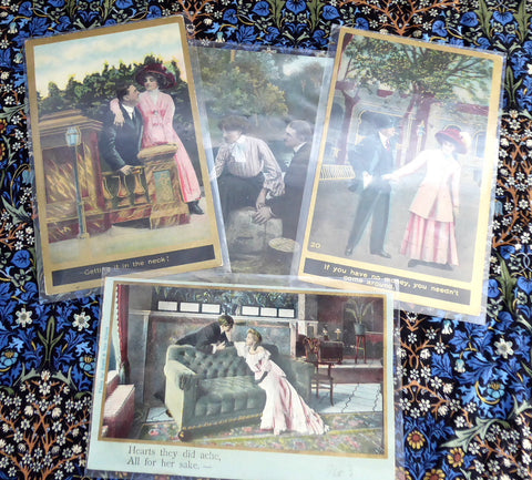 Edwardian Romance Postcards Set Of 4 Real Photos Captions Gold Metallic Accents 1900