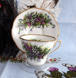 Scottish Heather Rosina Cup And Saucer Pink Purple And White 1950s Tartan Ribbons Scotland