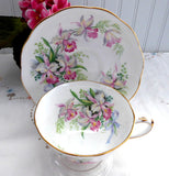 Sweet Romance Orchids Roslyn Cup And Saucer Pink Ochids Blue Bows 1950s Romantic Love Token
