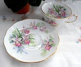 Sweet Romance Orchids Roslyn Cup And Saucer Pink Ochids Blue Bows 1950s Romantic Love Token