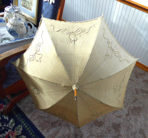 Parasol Edwardian Raw Silk Embriodered England Cream Color Replaced Handle Victorian Original