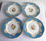 Set of 4 Ridgway Luncheon Plates 1856-1858 Hand Painted Florals Blue Borders Exquisite