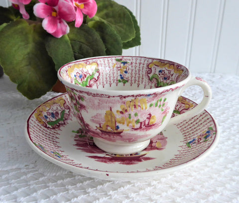 Antique Cup And Saucer Early Regout Dutch Polychrome Transferware 1860s