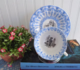 Antique Polychrome Transferware Cup And Saucer 1860s Blue White Gothic Joan Of Arc