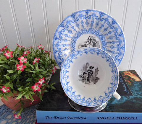 Antique Polychrome Transferware Cup And Saucer 1860s Blue White Gothic Joan Of Arc