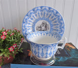 Antique Polychrome Transferware Cup And Saucer 1860s Blue White Gothic Joan Of Arc