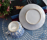 Antique Polychrome Transferware Cup And Saucer 1860s Blue White Gothic Joan Of Arc