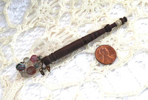 Victorian Wood Lace Bobbin Turned Treen Antique Beads Spangles English 1870