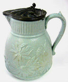 Green Salt Glaze Pitcher Jug Pewter Lid Antique Art Nouveau Basket Daisies 1860s