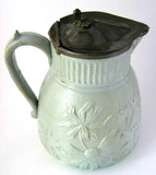 Green Salt Glaze Pitcher Jug Pewter Lid Antique Art Nouveau Basket Daisies 1860s