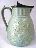 Green Salt Glaze Pitcher Jug Pewter Lid Antique Art Nouveau Basket Daisies 1860s