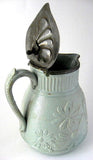 Green Salt Glaze Pitcher Jug Pewter Lid Antique Art Nouveau Basket Daisies 1860s