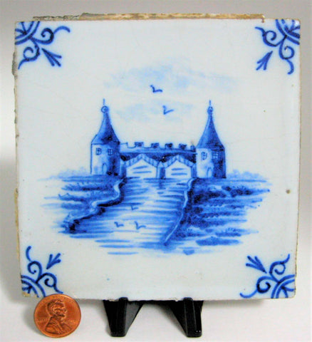 Antique Blue And White Tile Tin Glazed Delft 1870s Style Flow Blue