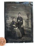 Tintype 2 Young Women Wasp Waist 1/6 Plate 1870s Painted Italian Backdrop Mid Victorian