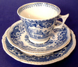 Teacup Trio Blue Transferware Seaforth Wood 1880s Ironstone Blue And White