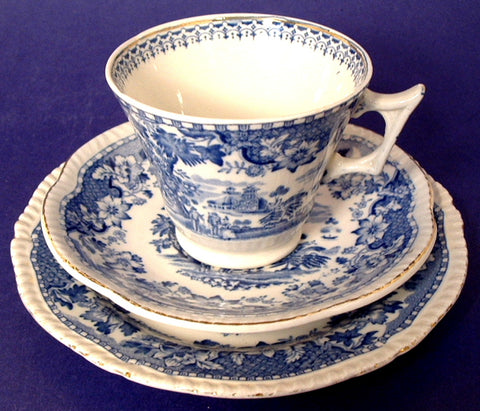 Teacup Trio Blue Transferware Seaforth Wood 1880s Ironstone Blue And White