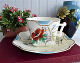 Antique Staffordshire Aesthetic Cup And Saucer 1880s Hand Colored Poppies Butterflies Squared