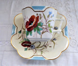 Antique Staffordshire Aesthetic Cup And Saucer 1880s Hand Colored Poppies Butterflies Squared
