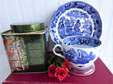 Blue Transferware Cup And Saucer 1880s Chinoiserie Allertons England Flow Blue