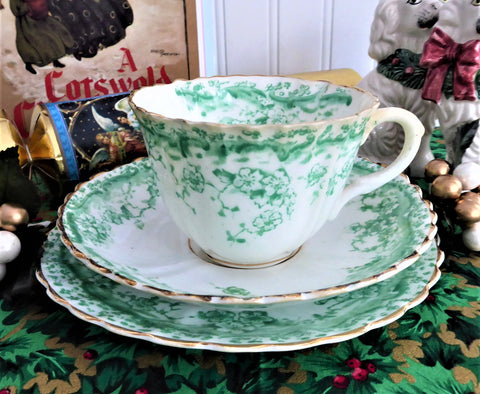 Antique Staffordshire Green Transferware Teacup Trio Ironstone 1880s Floral