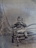 Tintype Frowning Child On Twig Bench 1/6 Plate 1880s Mid Victorian Photographica